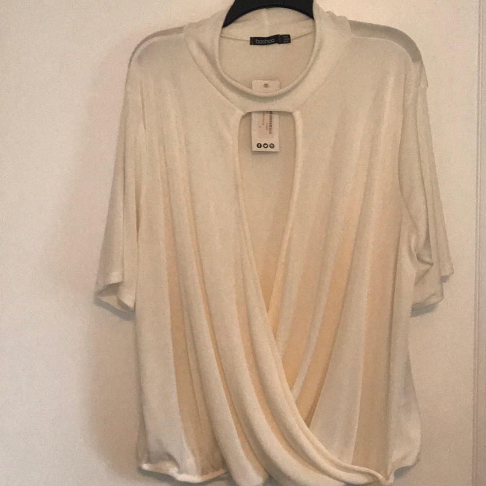 Boohoo high neck wrap front blouse